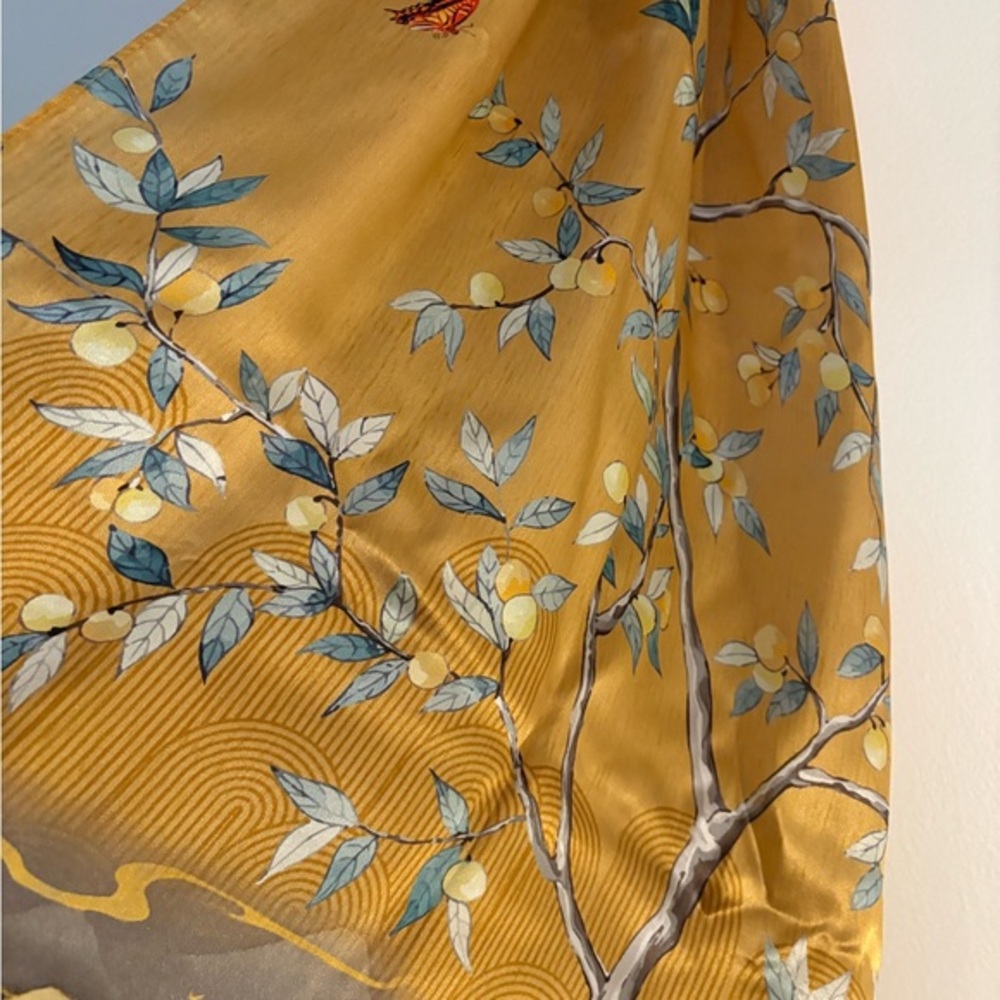 Botanical Silk Scarf in Yellow and Blue- New with box - Picture 3 of 7